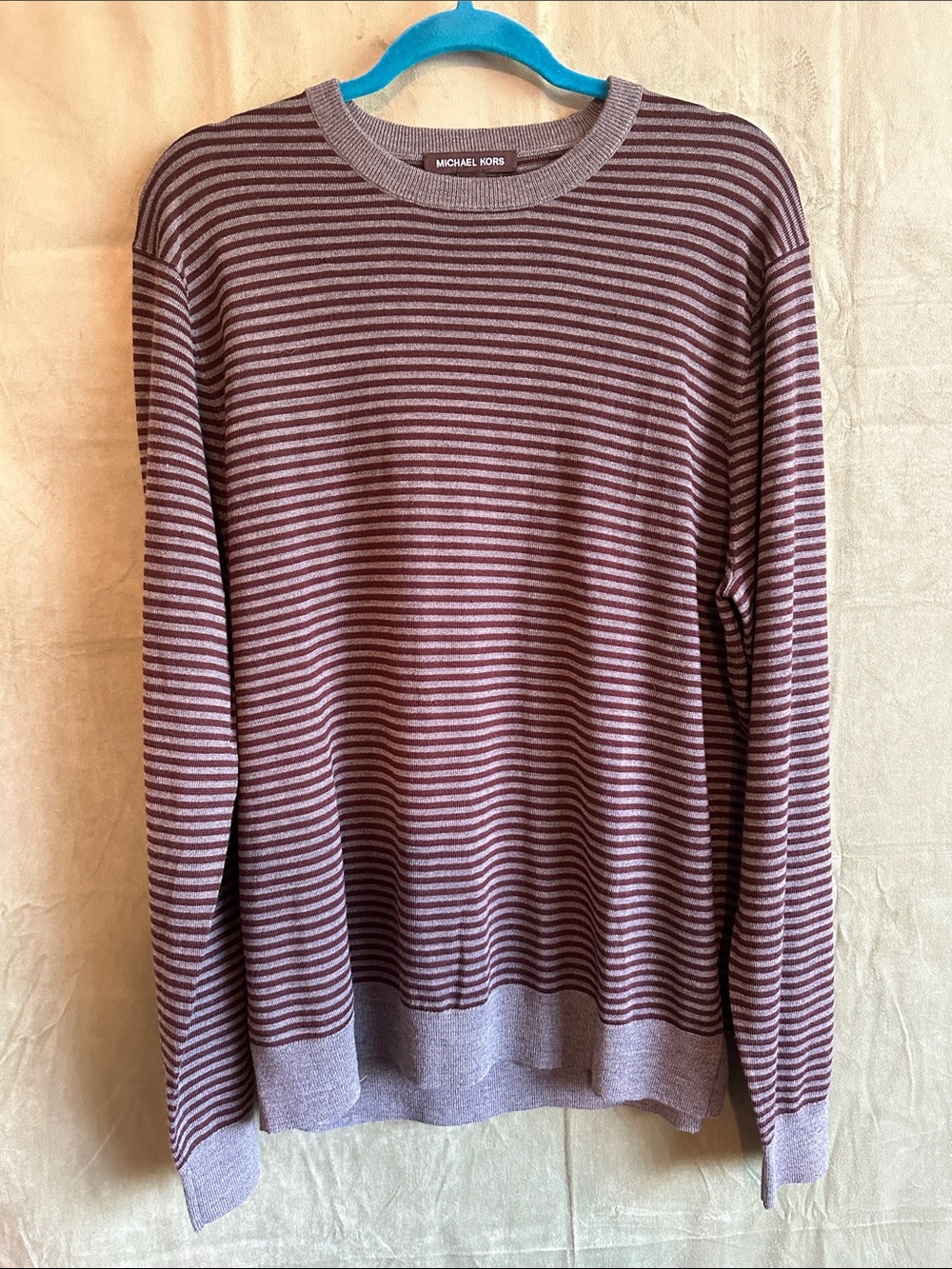 #941 Michael Kors Men's Striped Crewneck Sweater - Plum and Light Gray